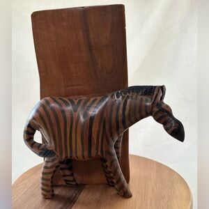 Handcrafted Carved Wooden Zebra and Book BookEnd